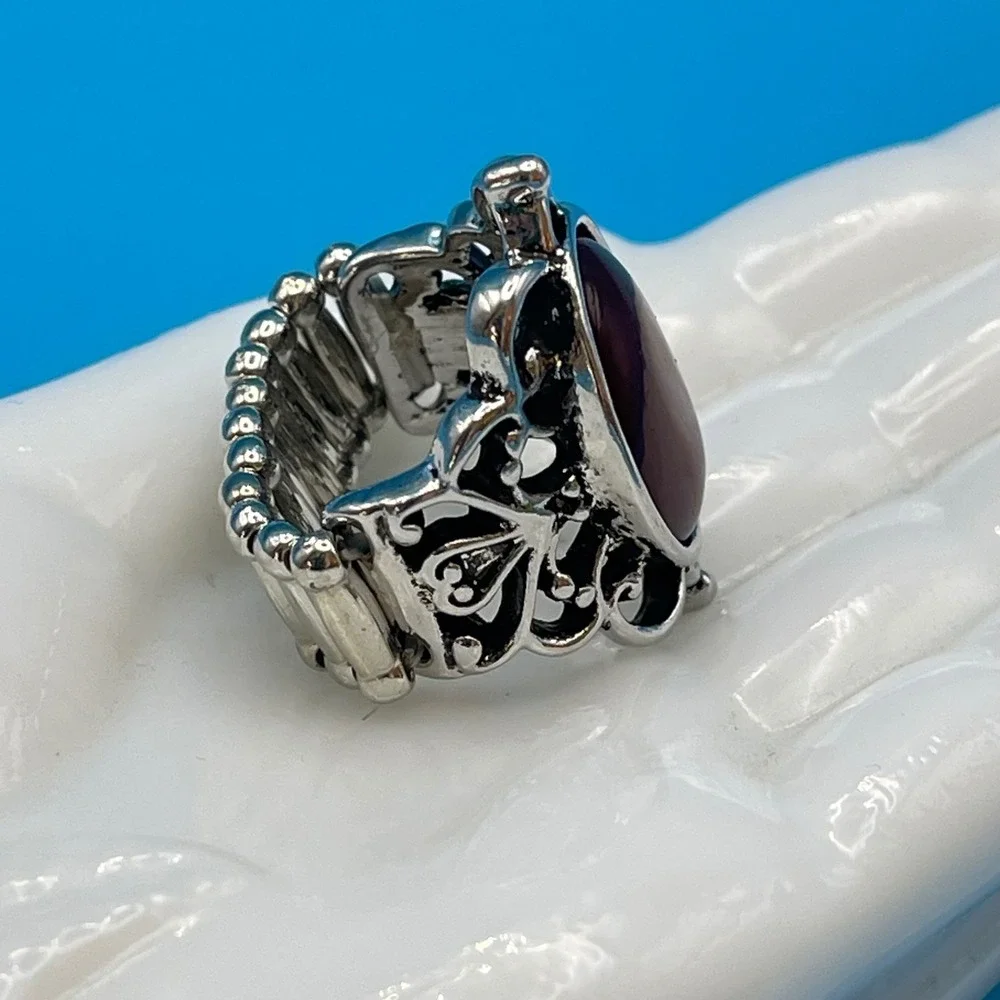 Red Jewel Ornate Silver Tone Stretch Ring Statement Goth Victorian Boho Filigree